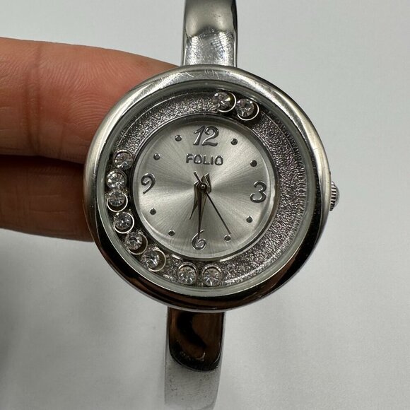3/$30 Folio Watch Women Silver Bangle Band Floating Crystal Accent Works 6.75" - Picture 2 of 14